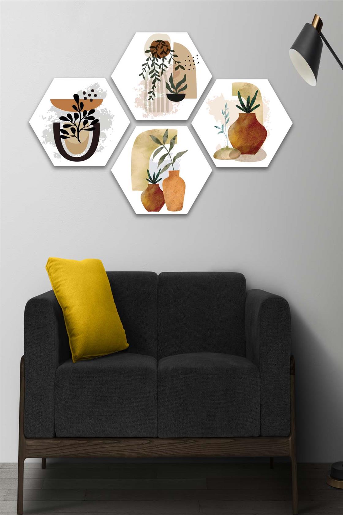 4 Parça Petek Suluboya Modern Tarzda Tasarım Uv Baskı Mdf Tablo Seti