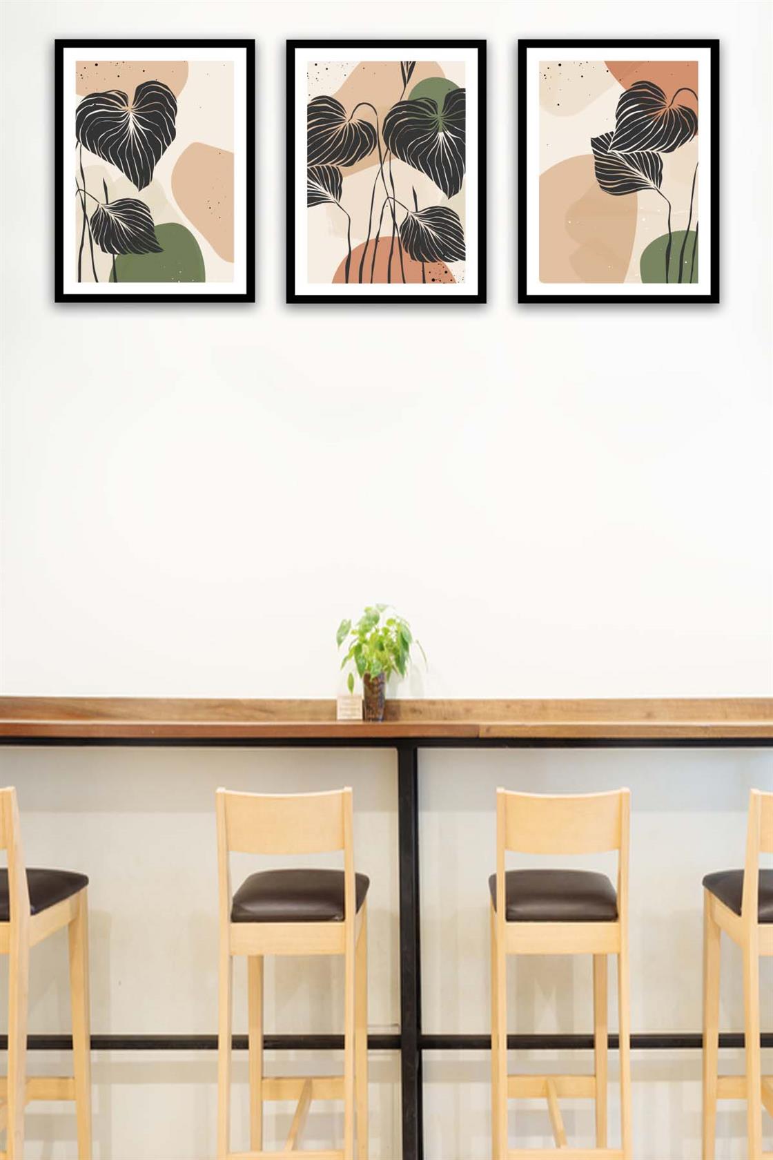 3 Parça Botanik Çiçek Bohem Tasarım Uv Baskı Mdf Tablo Seti