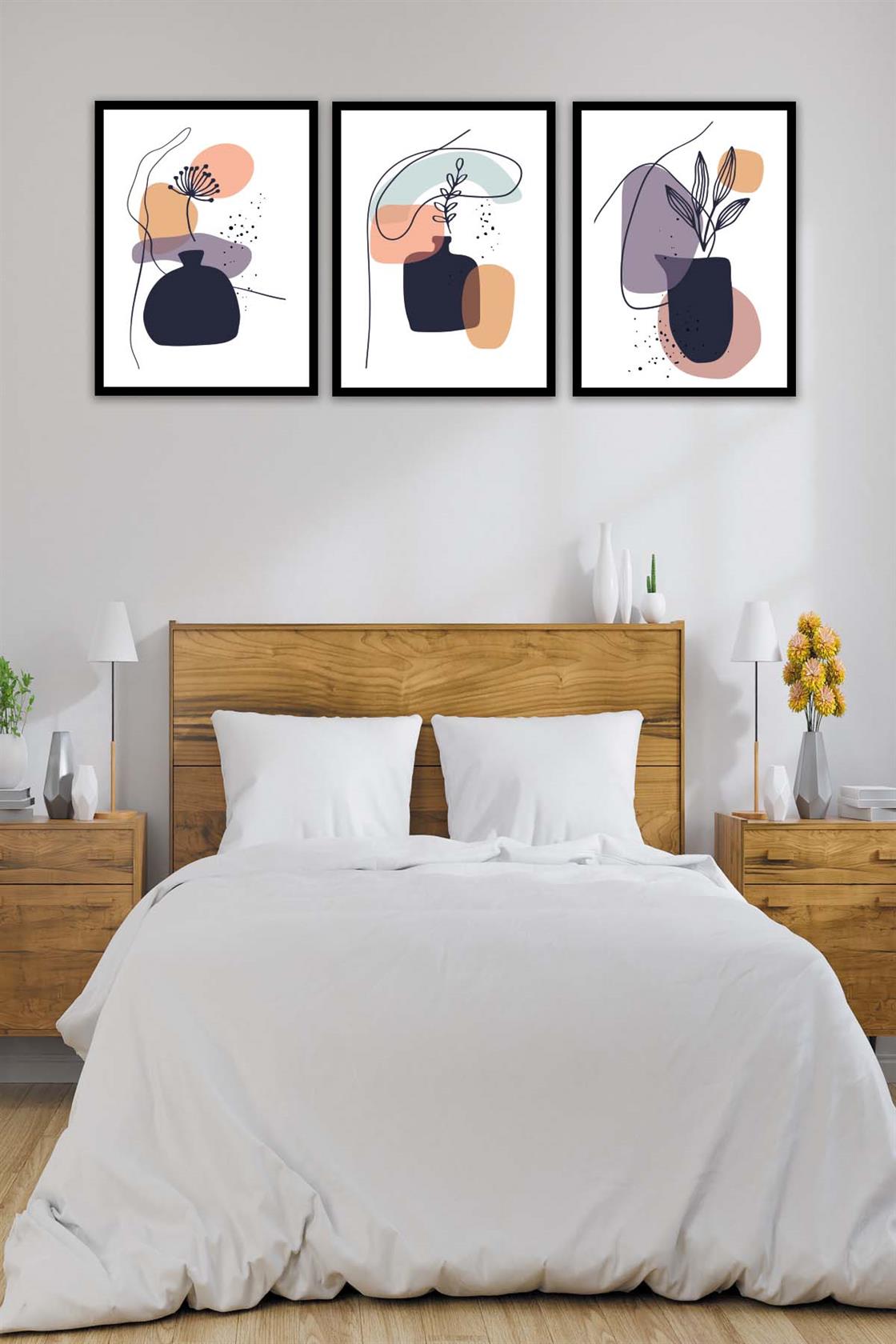 3 Parça Bohem Tarzında Sanatsal Siyah Çerçeve Görünümlü Dijital Baskı Tablo Seti