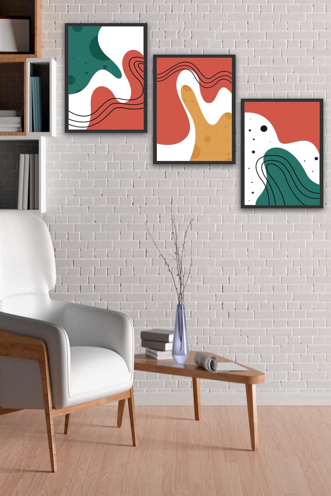3 Parça Renkli Modern Tarzda Siyah Çerçeve Görünümlü Uv Baskı Mdf Tablo Seti