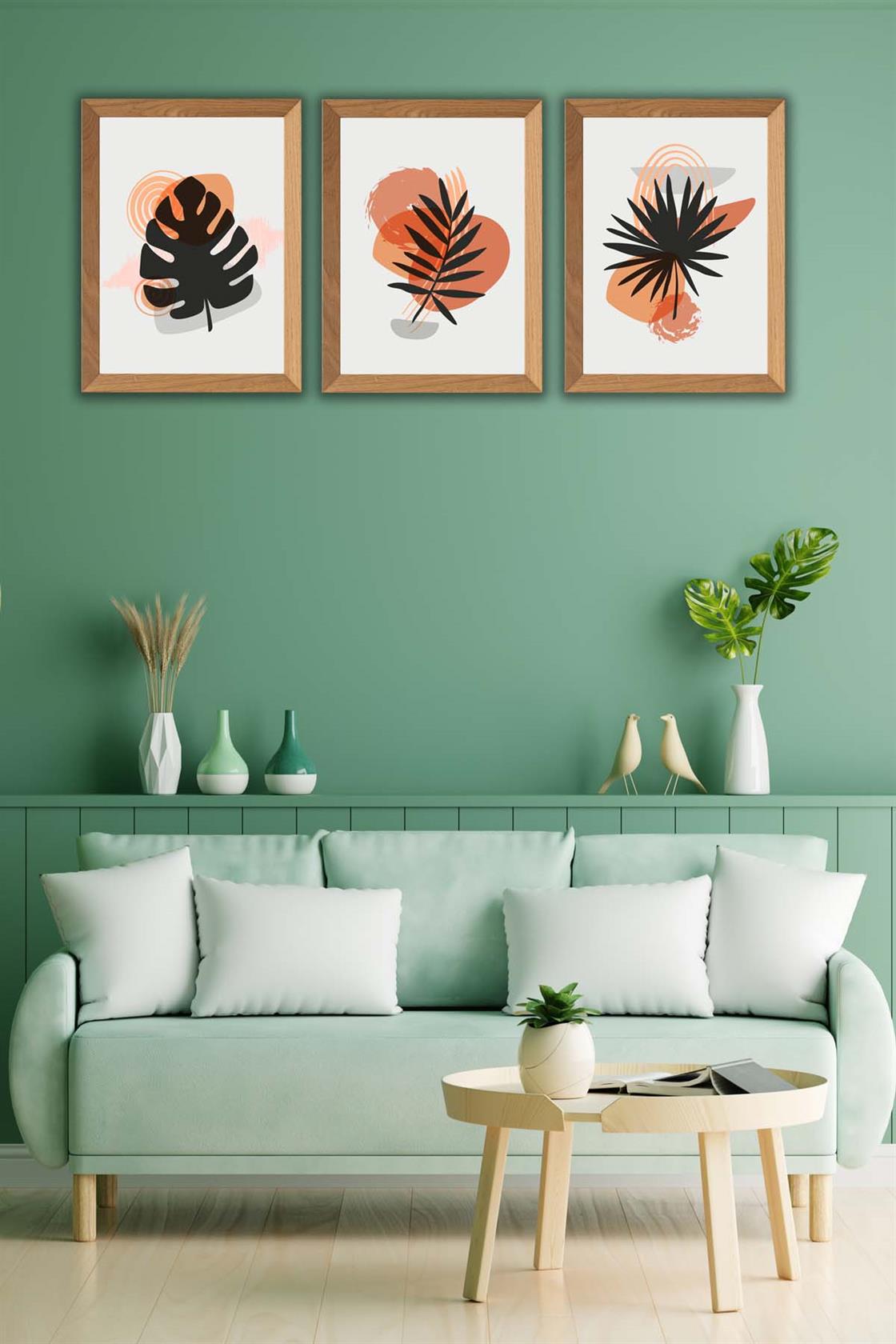 Modern Yaprak Tarzında Ahşap Çerçeve Görünümlü Sanatsal Tablo Seti