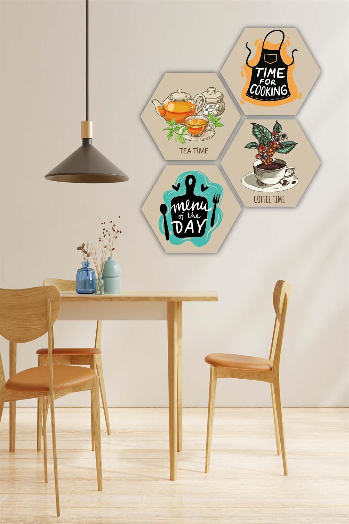 4 Parça Altıgen Mutfak Petek Tasarım Mdf Tablo Seti