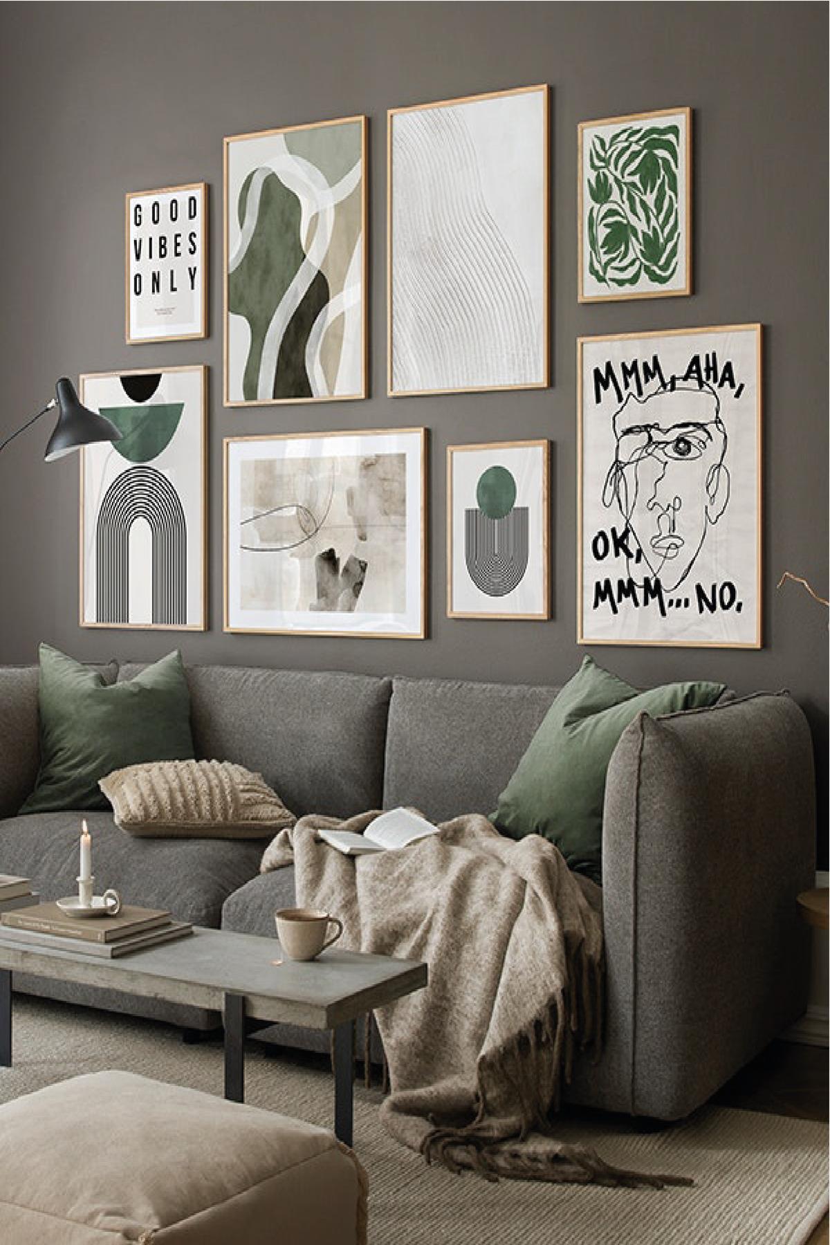 8 Parça Good Vibes Only Soyut, Yeşil Suluboya Tarzında (AHŞAP ÇERÇEVE GÖRÜNÜMLÜ) Tablo Seti