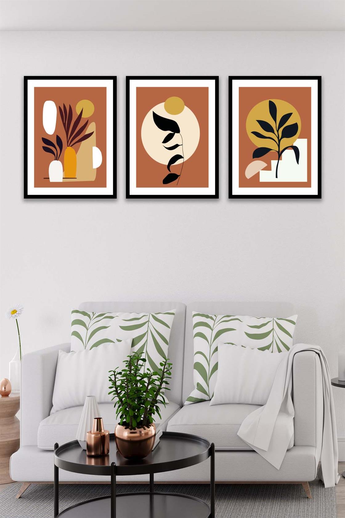 3 Parça Bohem Tarzında Sanatsal (Siyah çerçeve görünümlü) Uv Baskı Mdf Tablo Seti