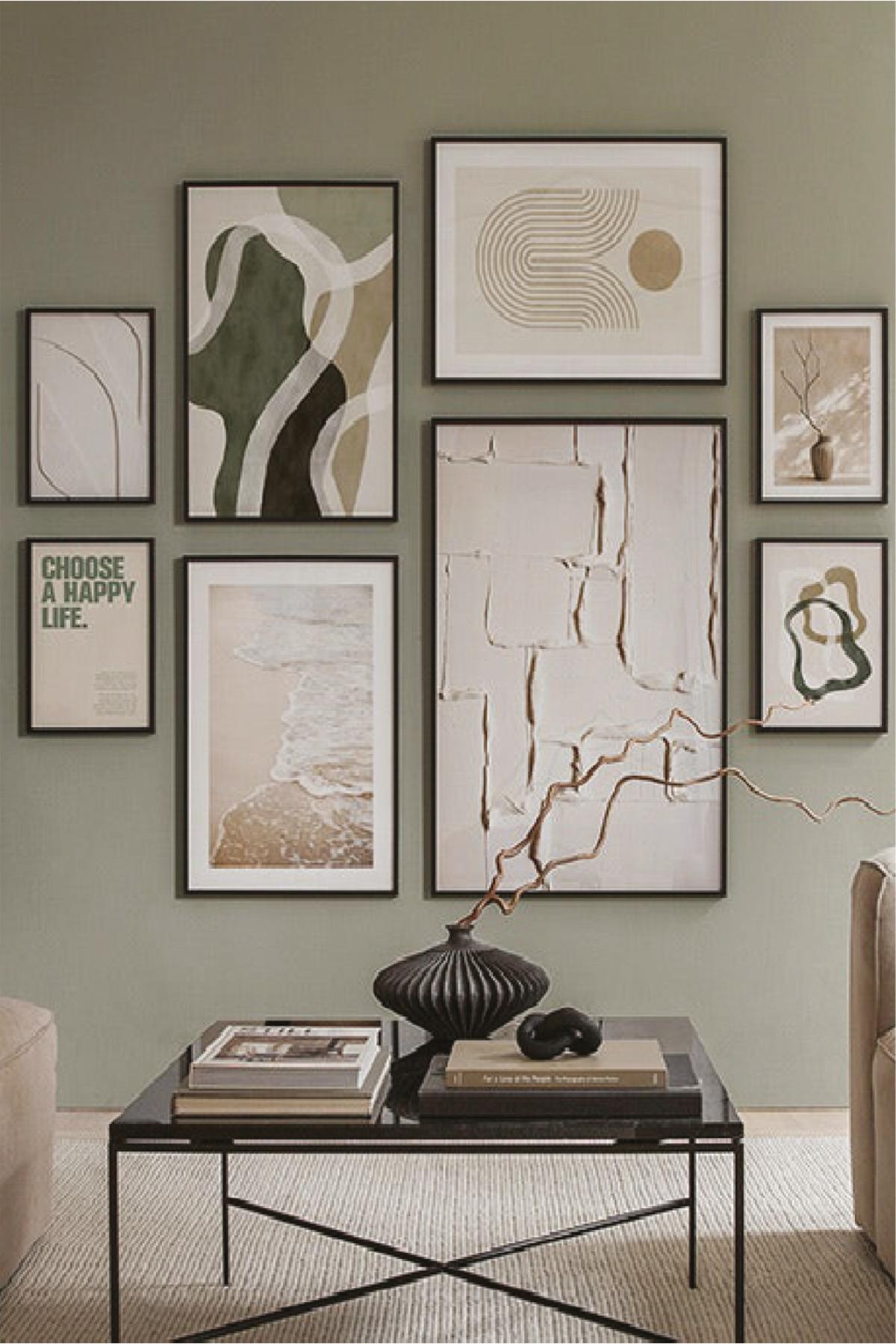 8 Parça Choose A Happy Soyut Modern Sanat (SİYAH ÇERÇEVE GÖRÜNÜMLÜ) Tablo Seti