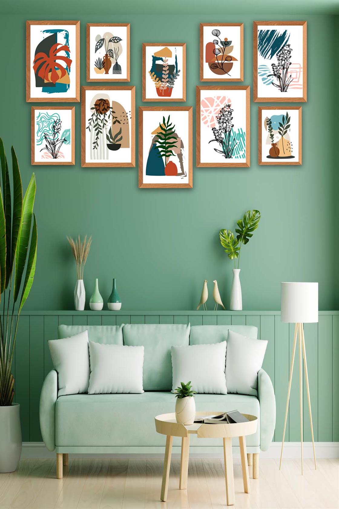 10 Parça Bohem Tarzında Ahşap Çerçeve Görünümlü Uv Baskı Mdf Tablo Seti