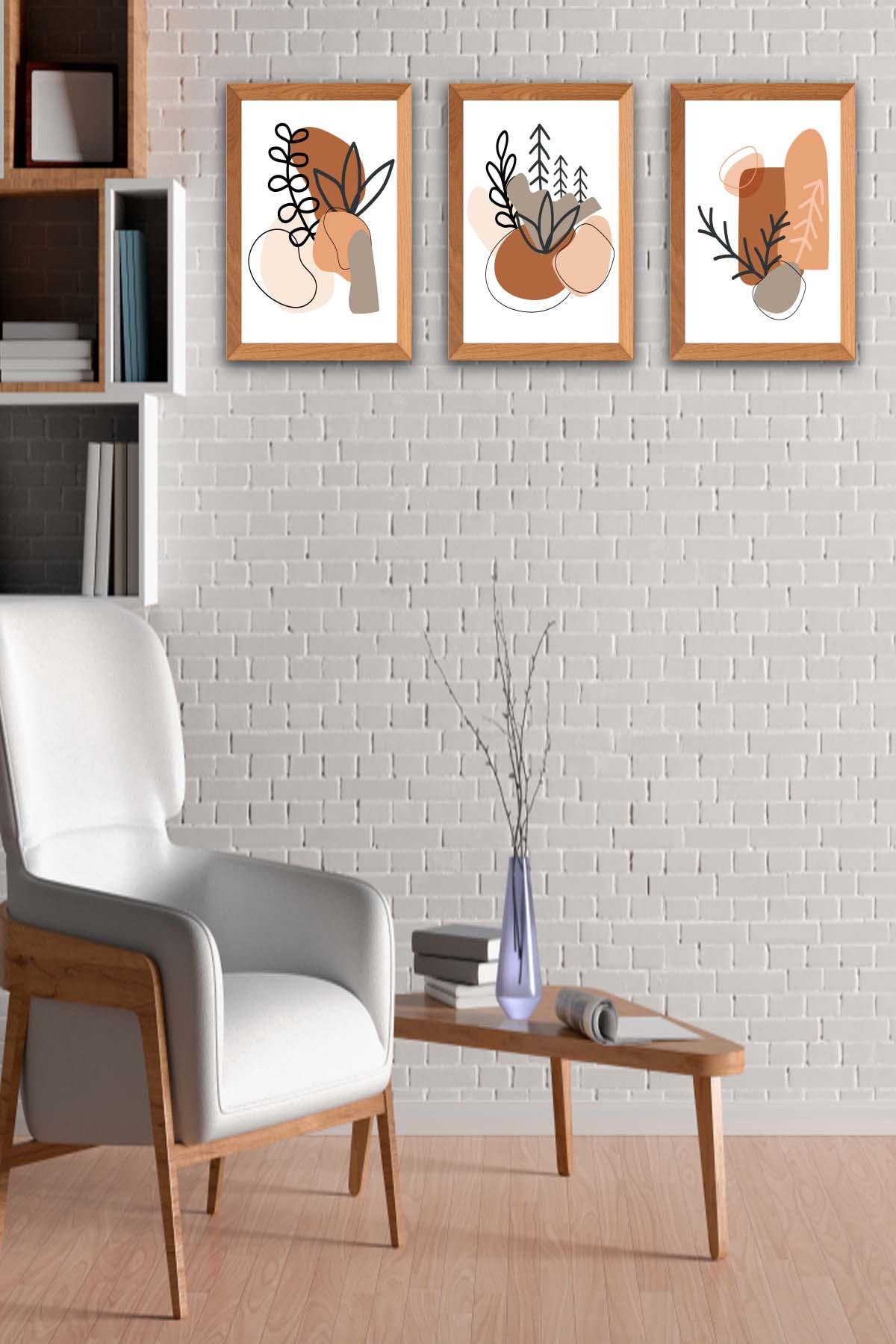 Bohem Tarzında Dal Temalı Ahşap Çerçeve Görünümlü Tablo Seti