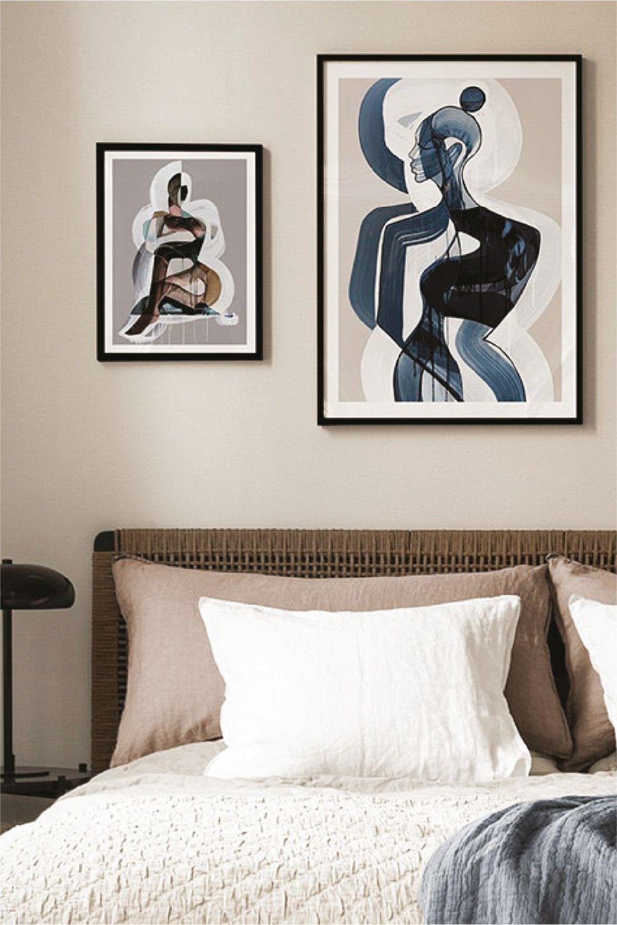 2 Parça Suluboya Blue Temalı Siyah Çerçeve Görünümlü Tablo Seti