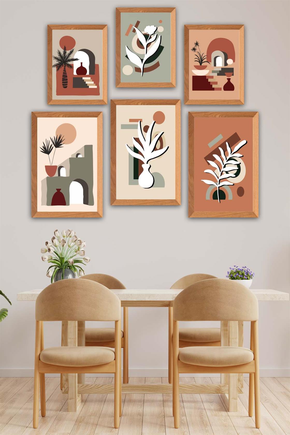 6 Parça Bohem Tarzda (Ahşap Çerçeve Görünümlü) Uv Baskı Tablo Seti