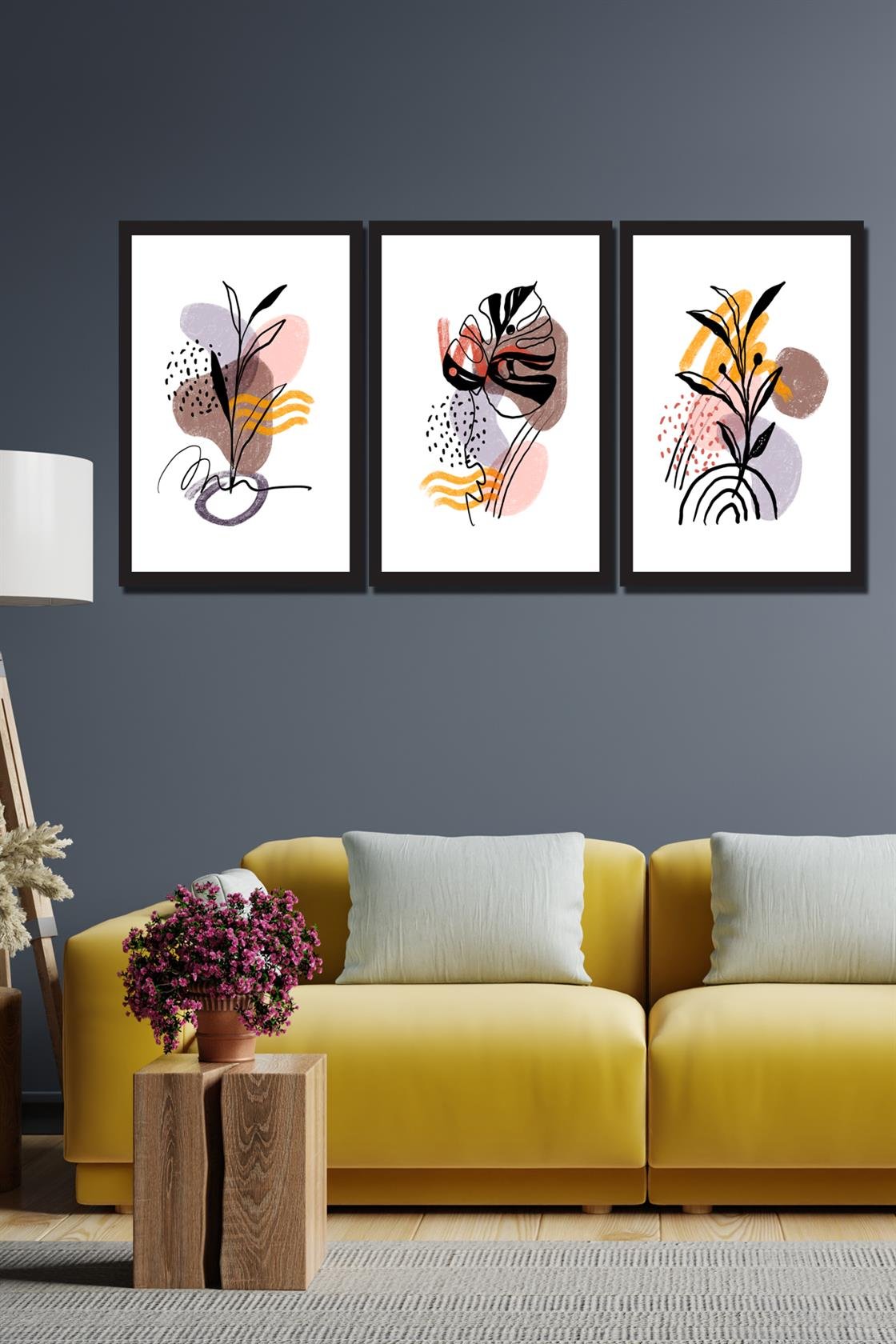 3 parça bohem tarzı tablo seti dijital baskı siyah çerçeve görünümlü