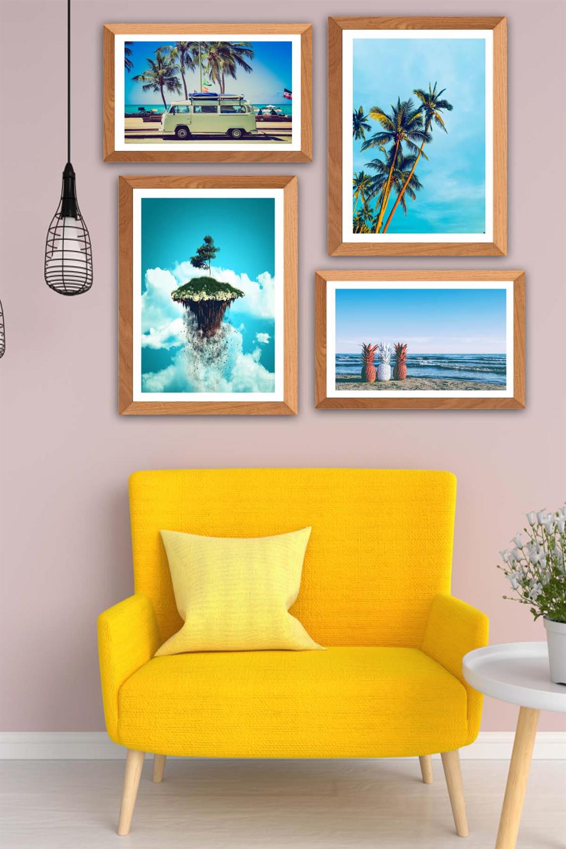 4 Parça Modern Tarzda Yaz Manzarası (Ahşap Çerçeve Görünümlü) Uv Baskı Tablo Seti