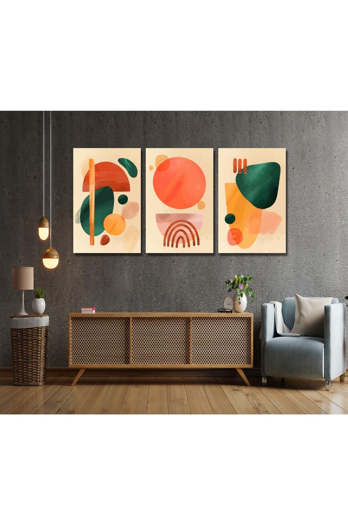 Sanatsal suluboya tarzında 3'lü tablo seti