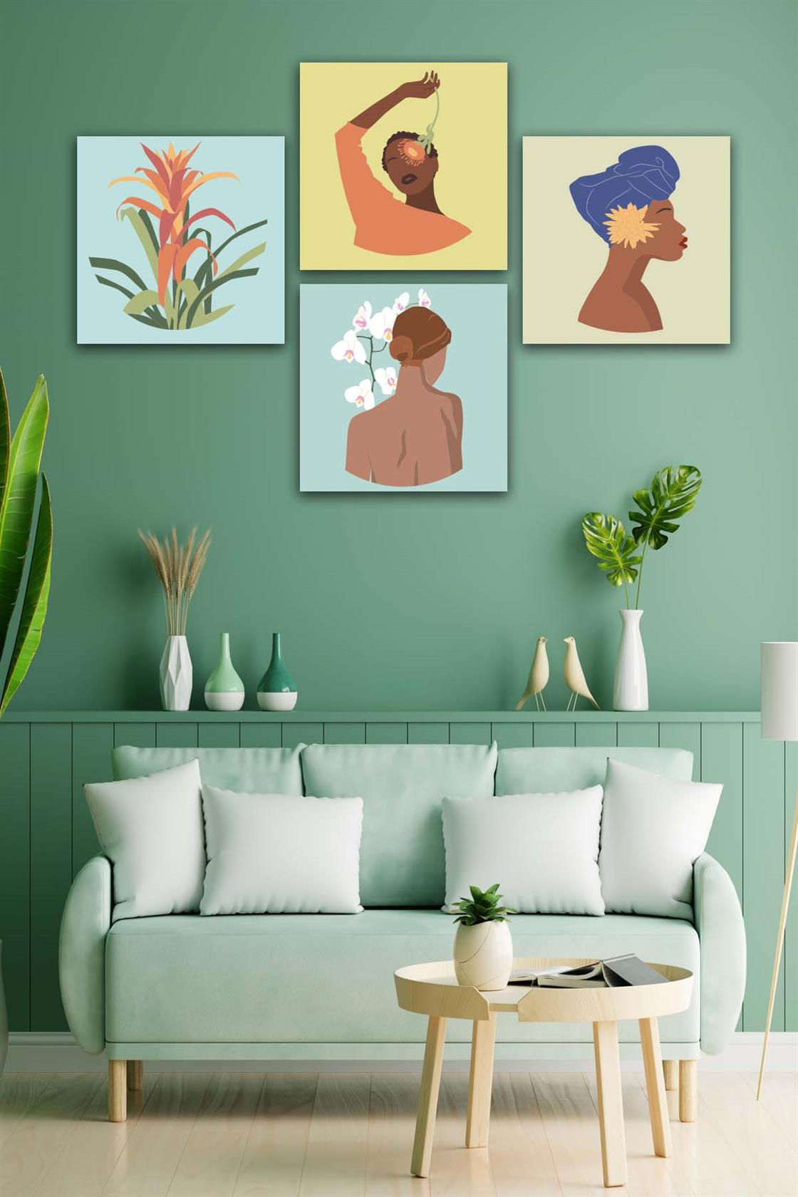 4 Parça Bohem Kadın Uv Baskı Mdf Tablo Seti