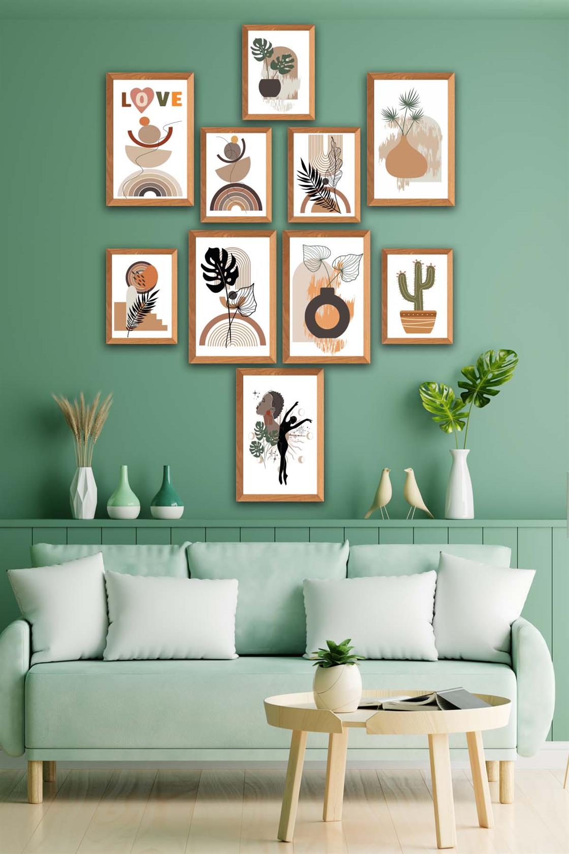 10 Parça Botanic Ve Bohem Tarzda Sanatsal Ahşap Çerçeve Görünümlü Uv Baskı Mdf Tablo Seti