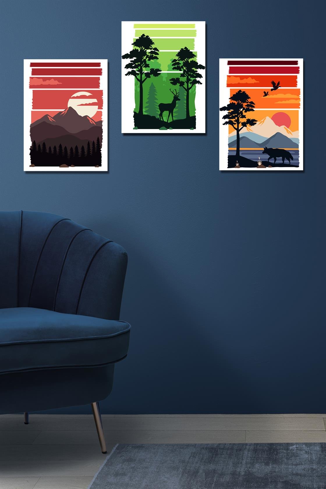 Dağ ve günbatımı manzaralı 3'lü tablo seti