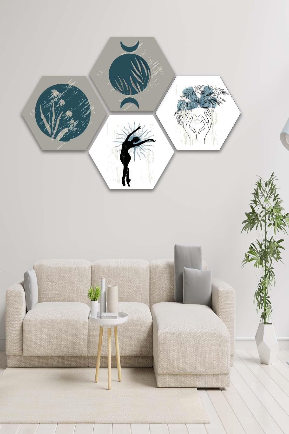 4 Parça Sanatsal Tarzda Petek Tasarım Tablo Seti