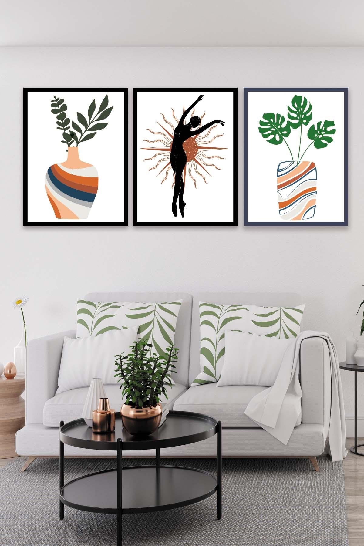 Botanik Çiçek Temalı Siyah Çerçeve Görünümlü Tablo Seti