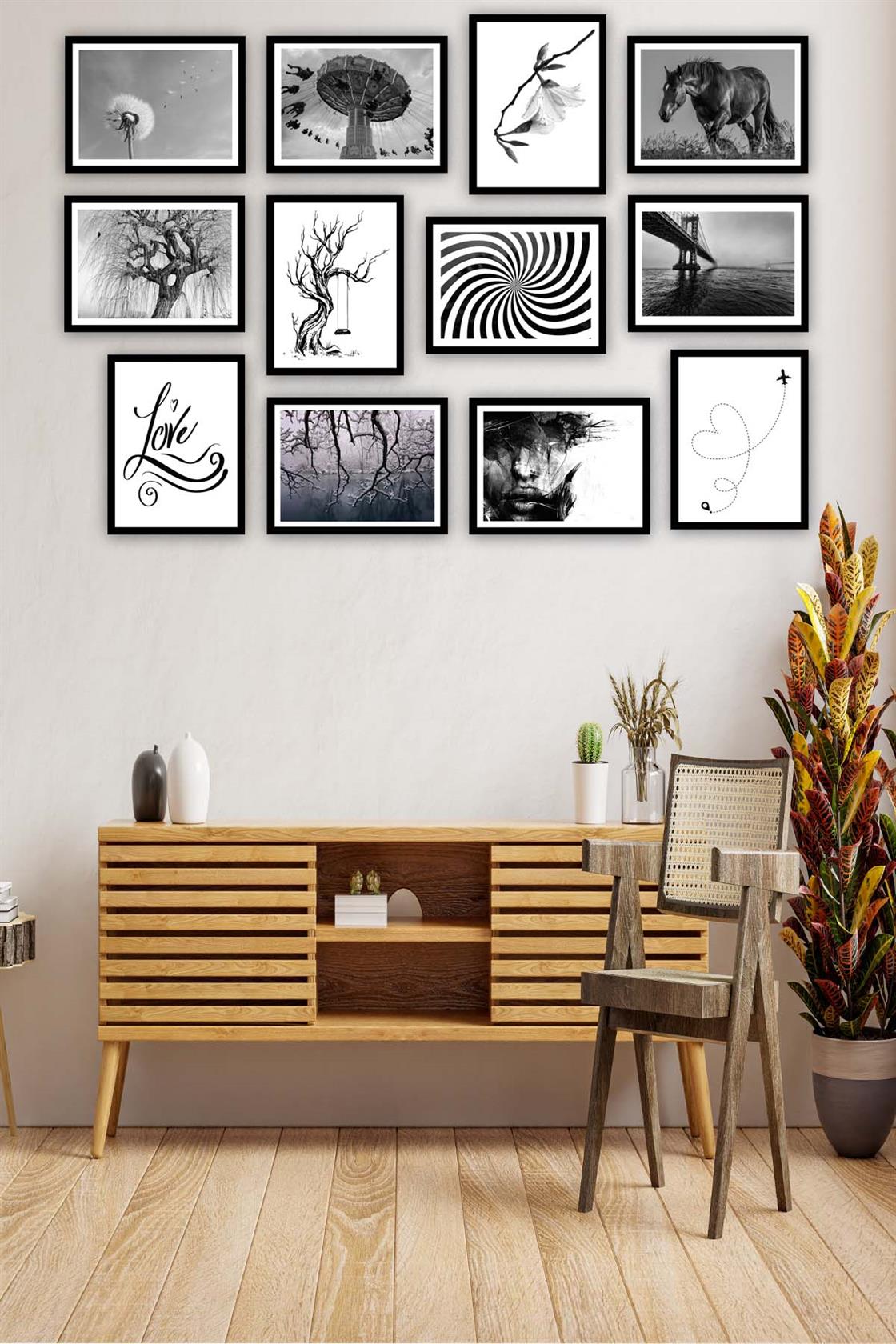 12 Parça Siyah Beyaz Sanatsal Çerçeve Görünümlü Tablo Seti