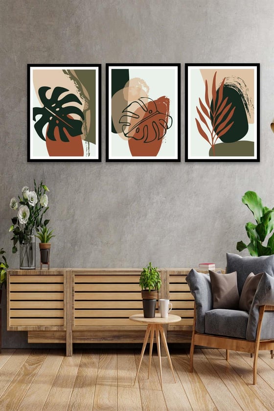 3 Parça Bohem Ve Botanik Tarzda (Siyah Çerçeve Görünümlü) Uv Baskı Mdf Tablo Seti