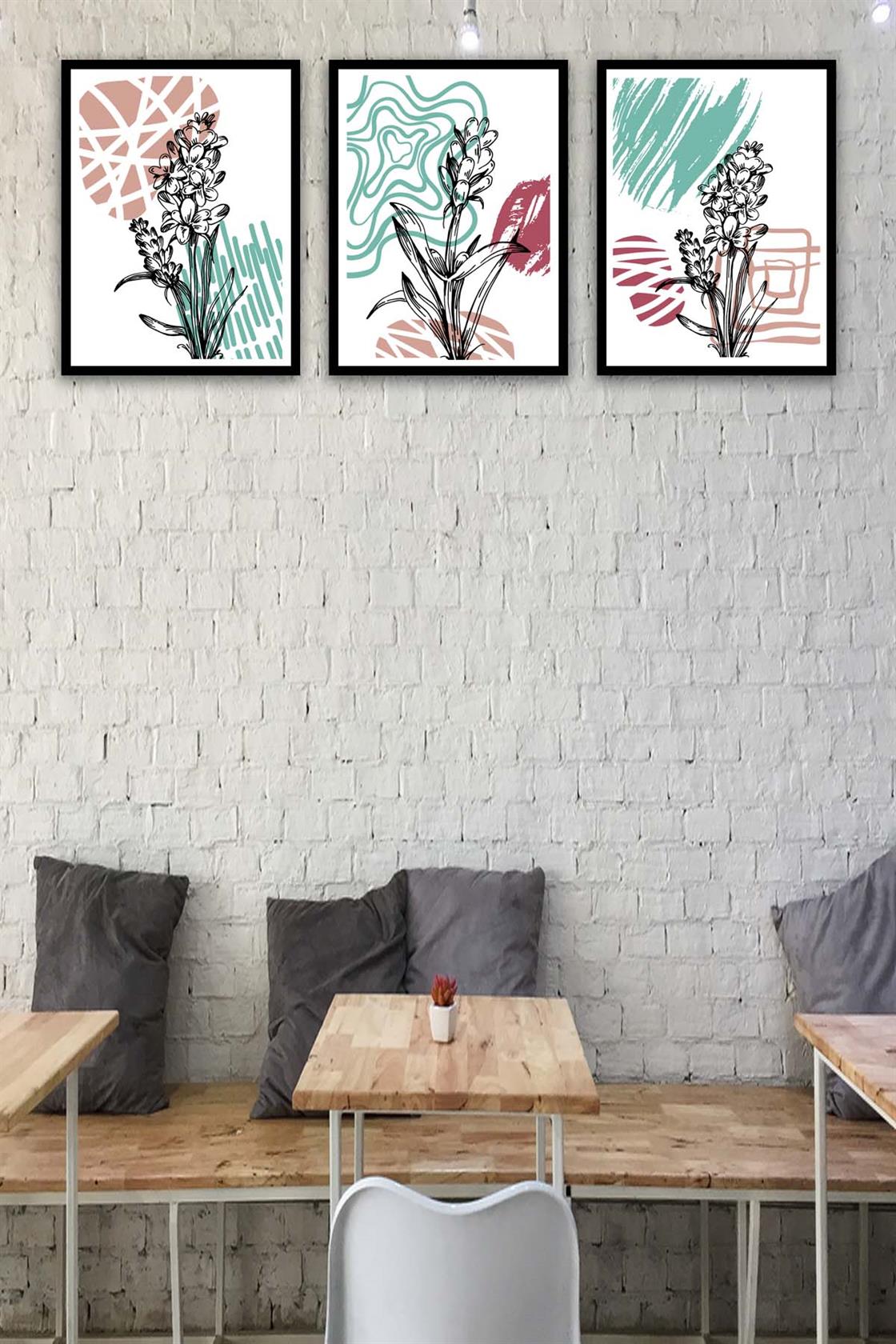 3 Parça Modern Sanat Tarzında Siyah Çerçeve Görünümlü Uv Baskı Mdf Tablo Seti