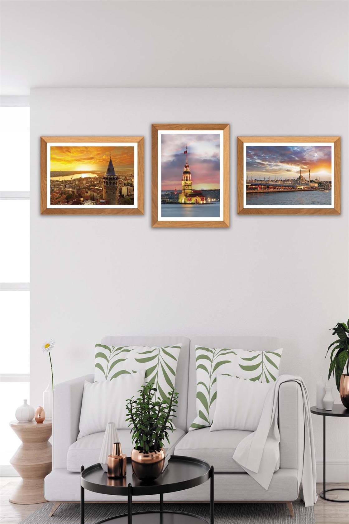 3 Parça Kız Kulesi Ve Galata Kulesi (Ahşap çerçeve görünümlü) Uv Baskı Mdf Tablo Seti