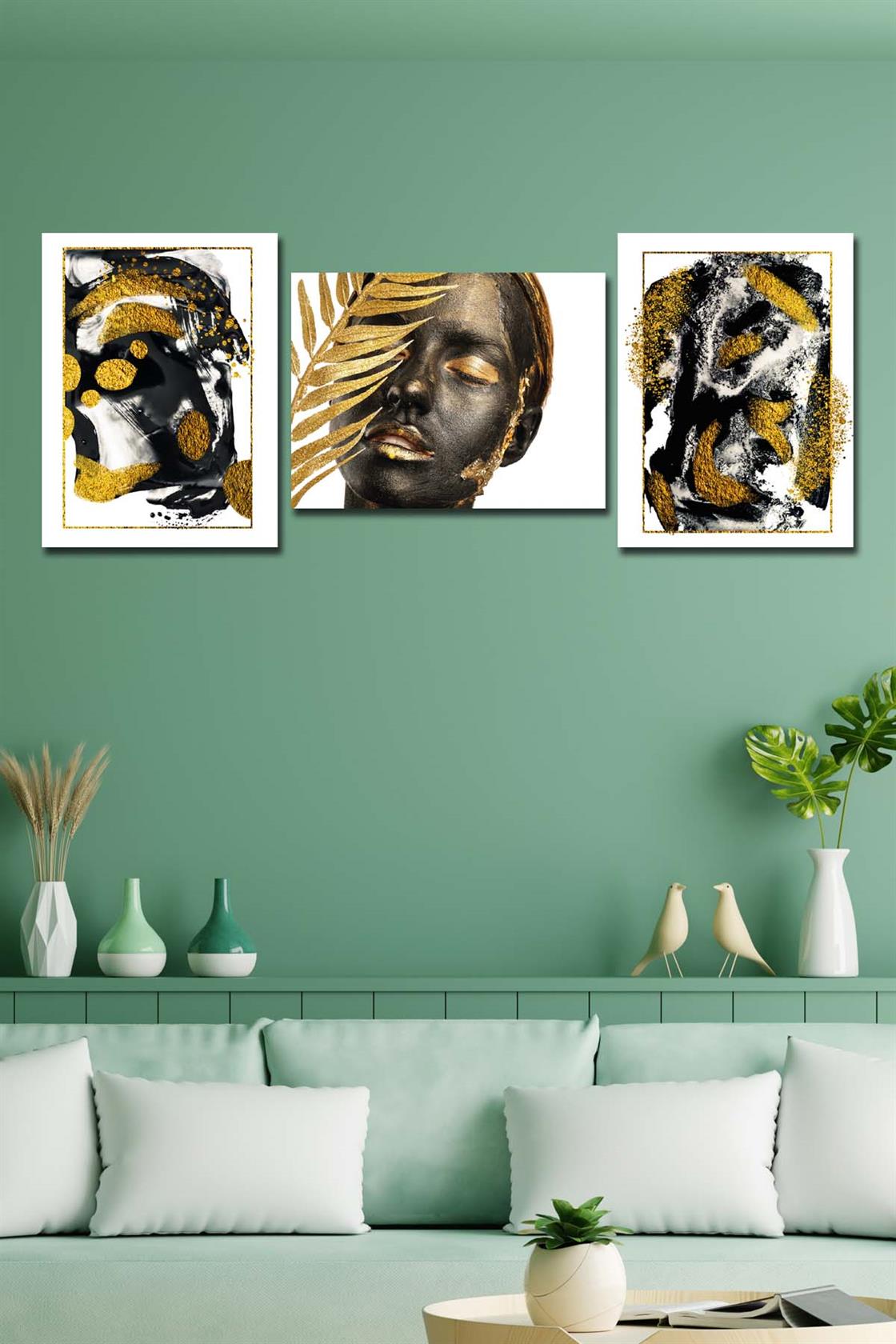 3 Parça Altın Görünümlü Afrikalı Kadın Tablo Seti