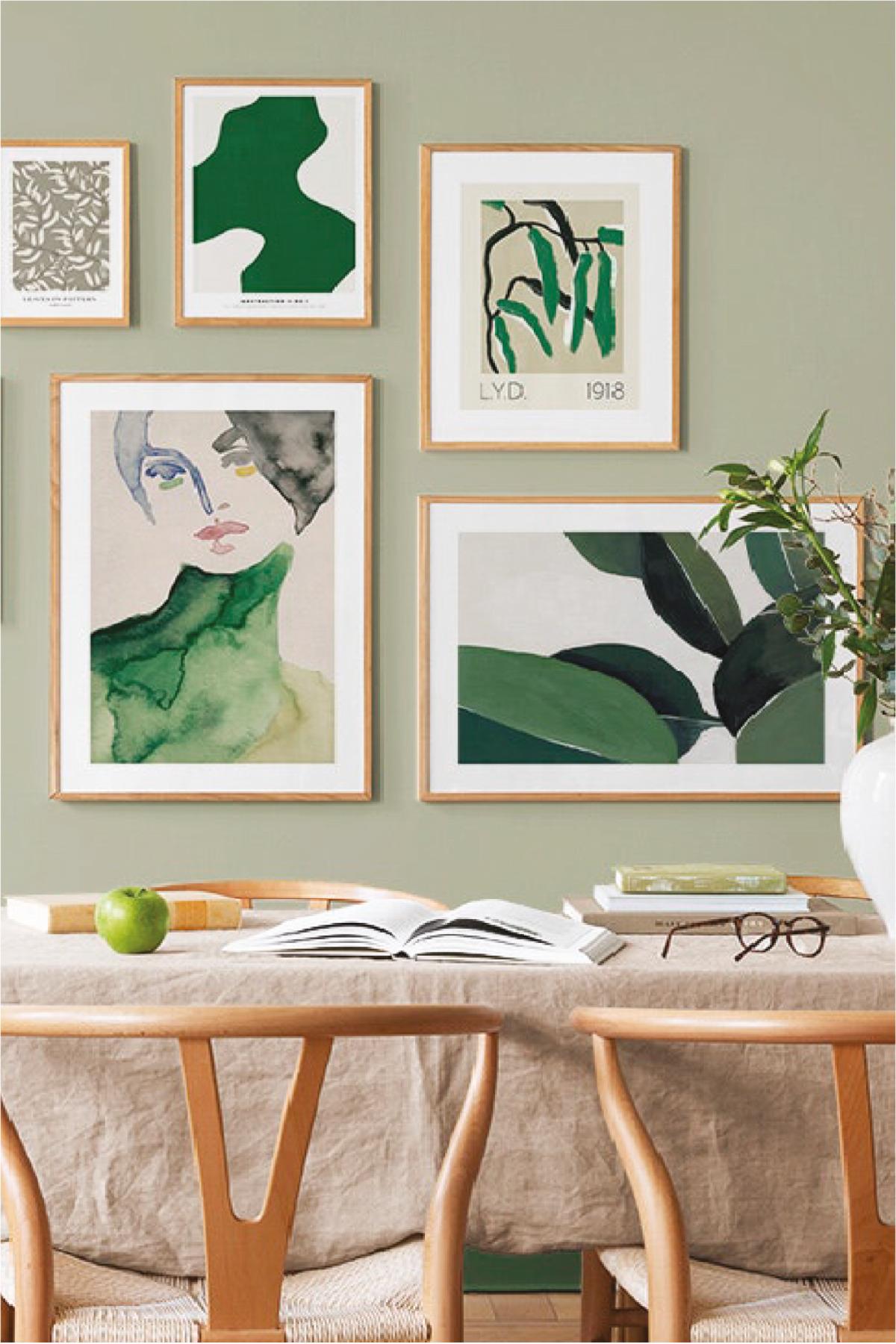 5 Parça Green Watercolur Tarzında (AHŞAP ÇERÇEVE GÖRÜNÜMLÜ) Tablo Seti