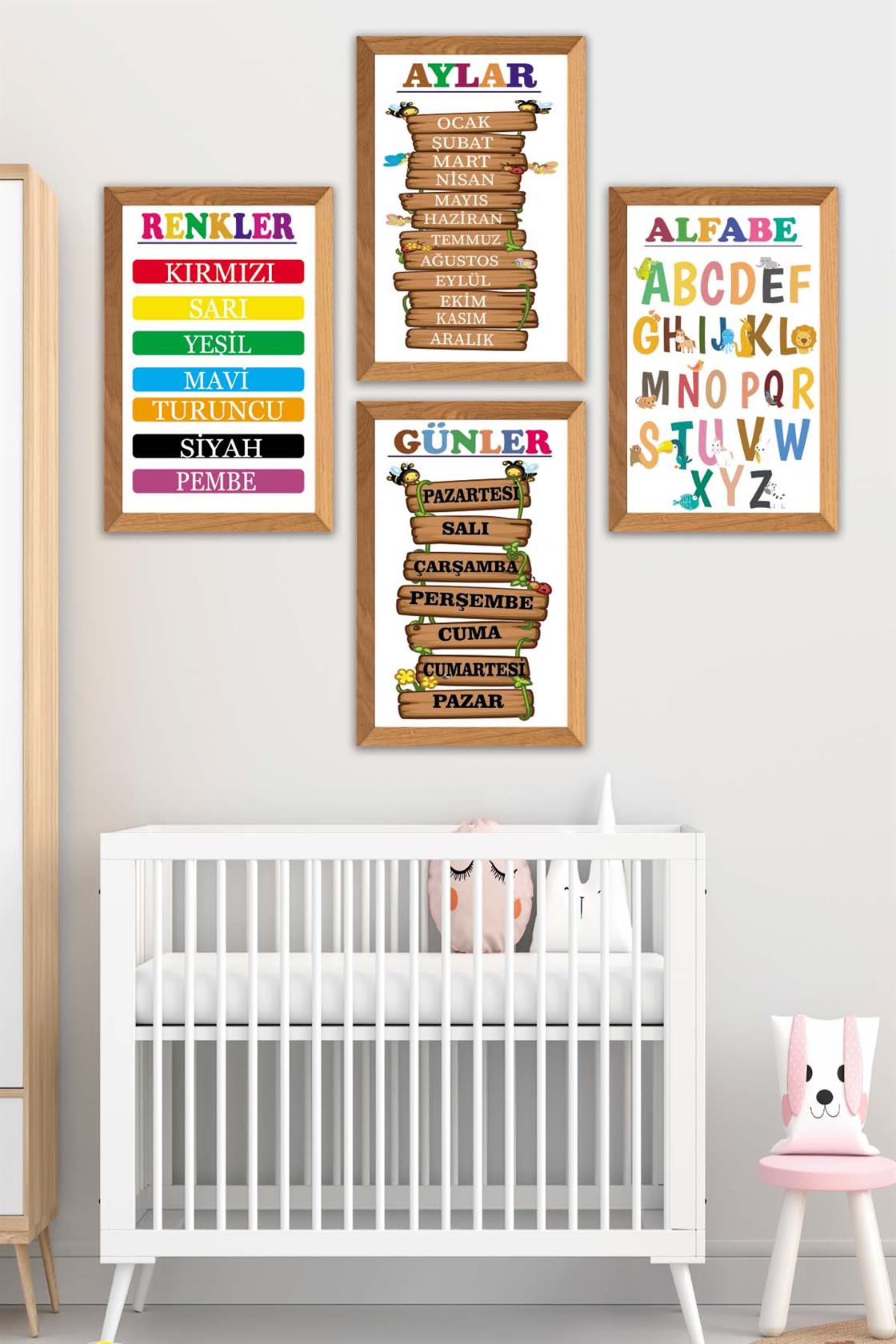 4 Parça Çoçuklar İçin Renkli Alfabe Sayılar Ve Aylar Eğitici Tablo Ahşap Çerçeve Görünümlü