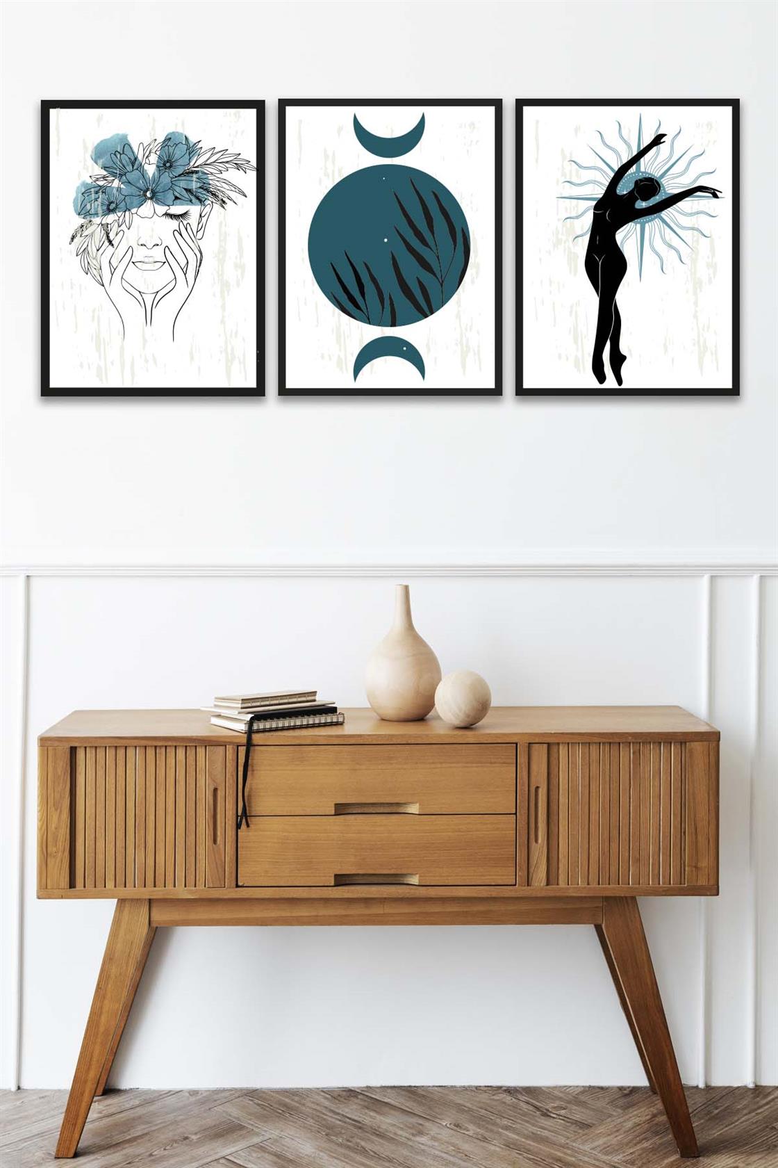 3 Parça Modern Sanat Tarzında Lotus Tasarım (Siyah çerçeve görünümlü) Uv Baskı Mdf Tablo Seti