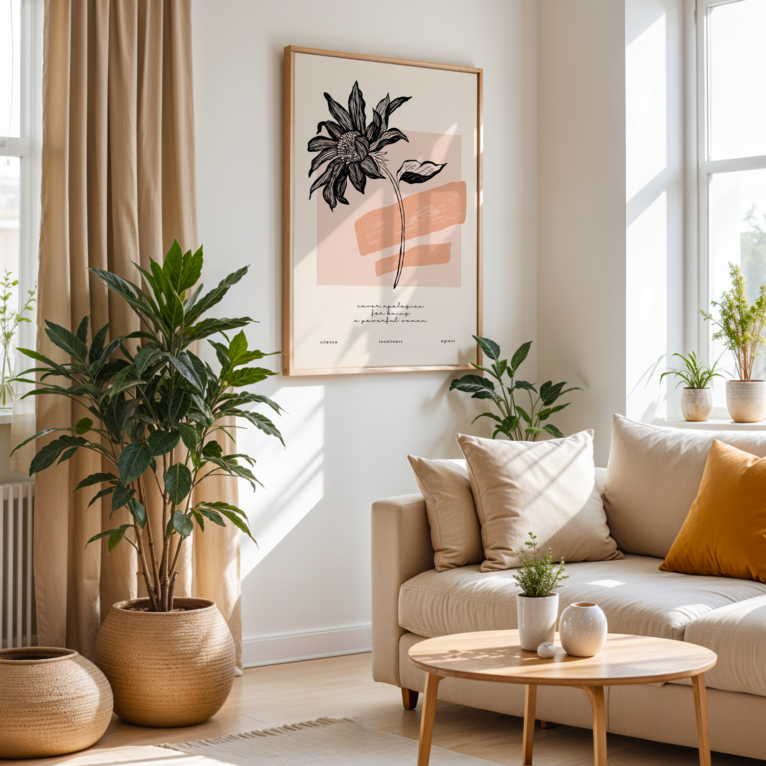 Feminine Bloom Serisi Tek Parça Doğal Ahşap Çerçeveli Tablo