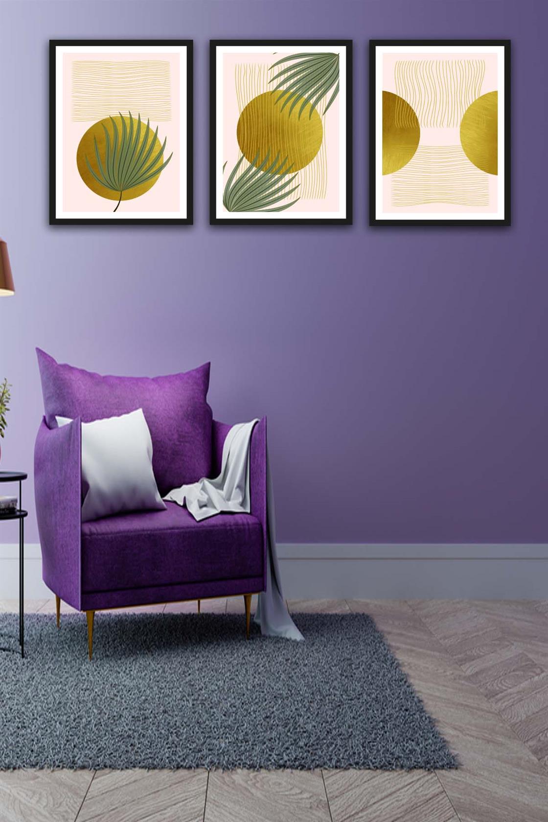 3 Parça Renkli Bohem Tarzında Siyah Çerçeve Görünümlü Tasarım Uv Baskı Mdf Tablo Seti