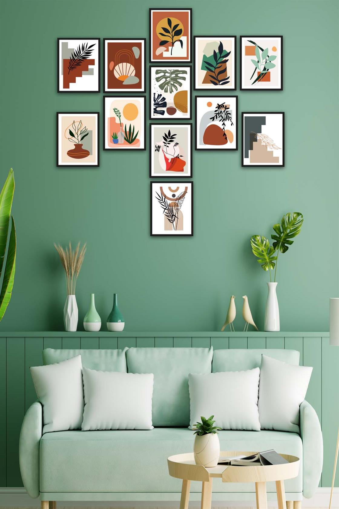 12 Parça Bohem Tarzında Siyah Çerçeve Görünümlü Uv Baskı Mdf Tablo Seti