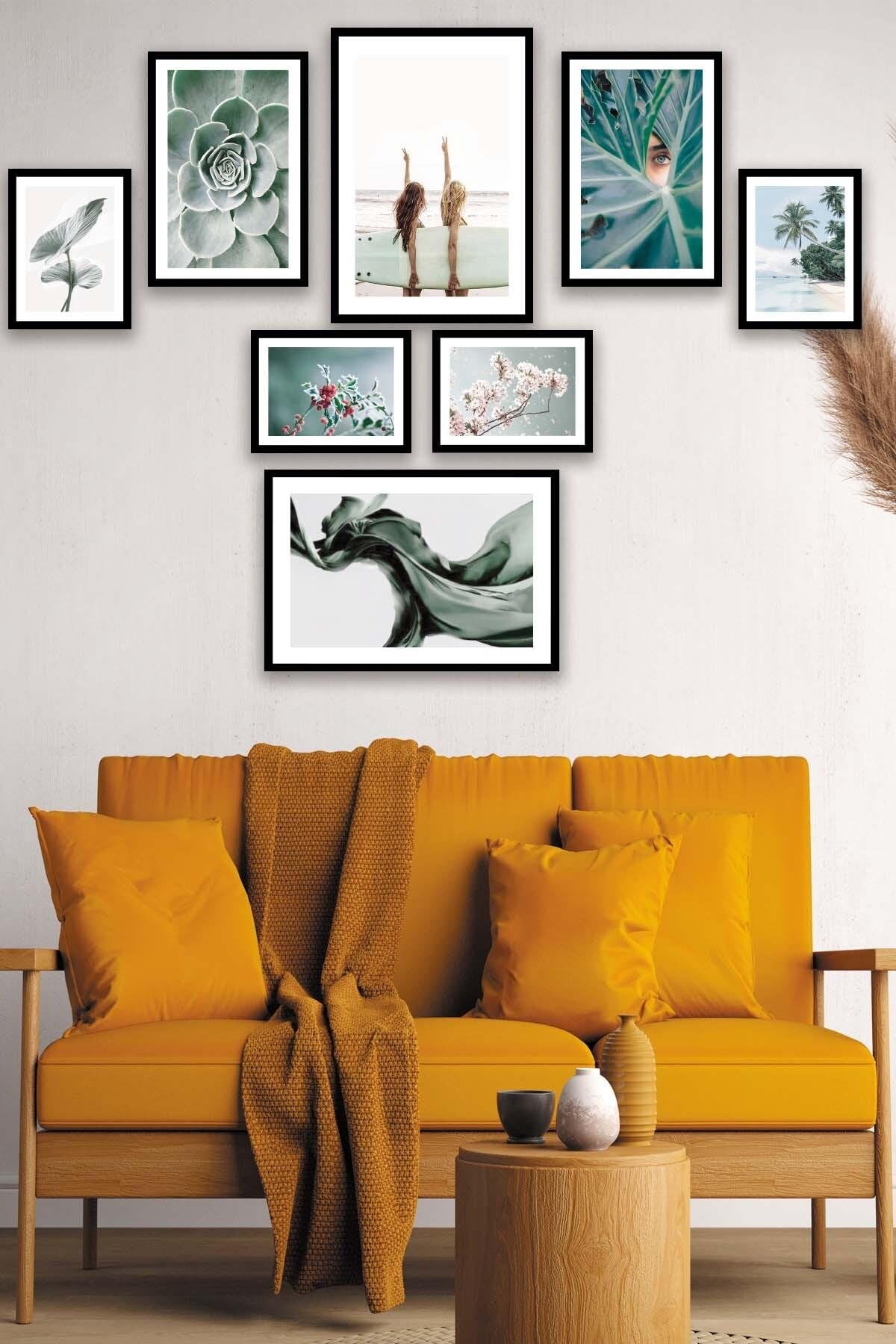 Yeşil Çiçek İle Manzaranın Ahengi Temalı Tablo Seti (Siyah Çerçeve Görünümlü)