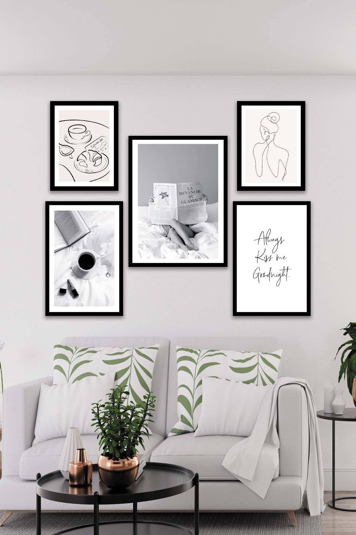 Kahve Kitap Line Art Temalı Tablo Seti