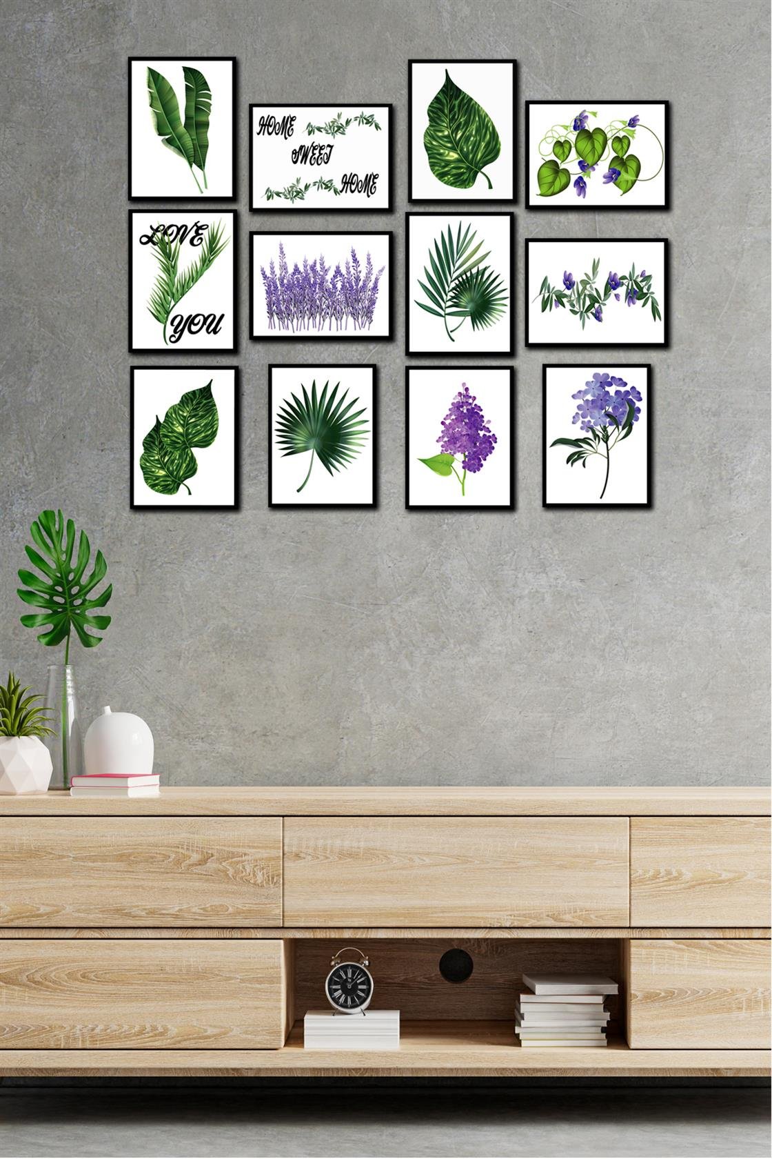 12 Parça Yeşil Yaprak Tarzında Tablo Seti