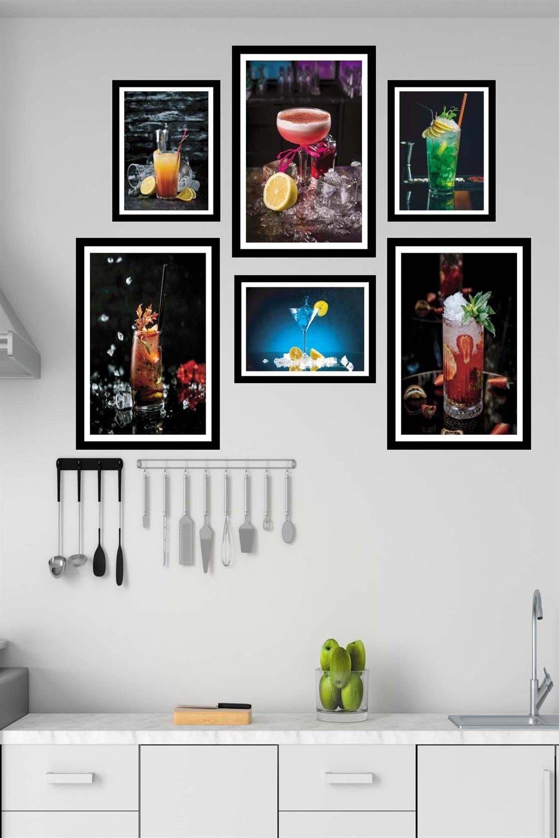 6 Parça İştah Açıcı Meyve Kokteyl Siyah Çerçeve Görünümlü Mdf Ahşap Tablo Seti