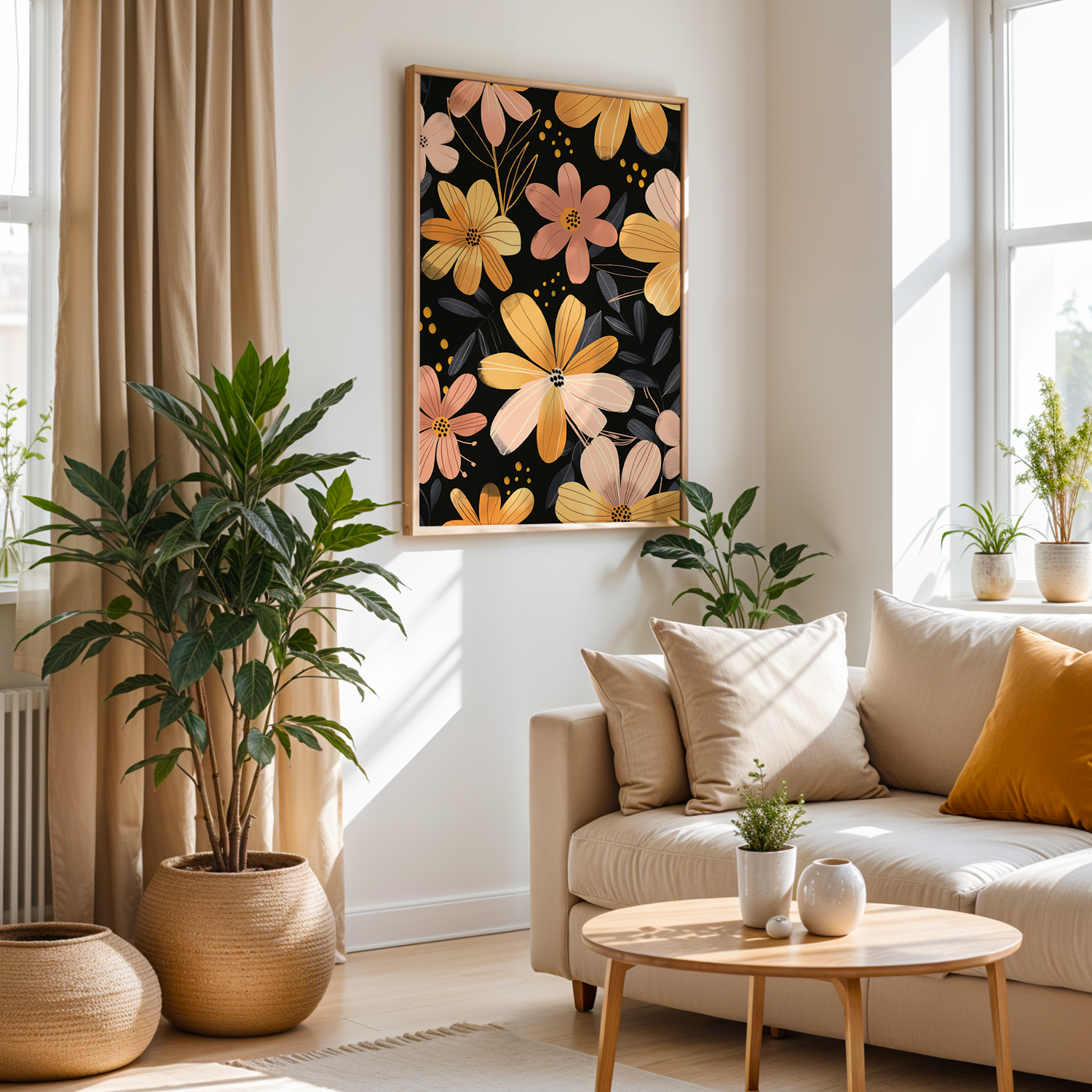 Midnight Bloom Tek Parça Doğal Ahşap Çerçeveli Tablo