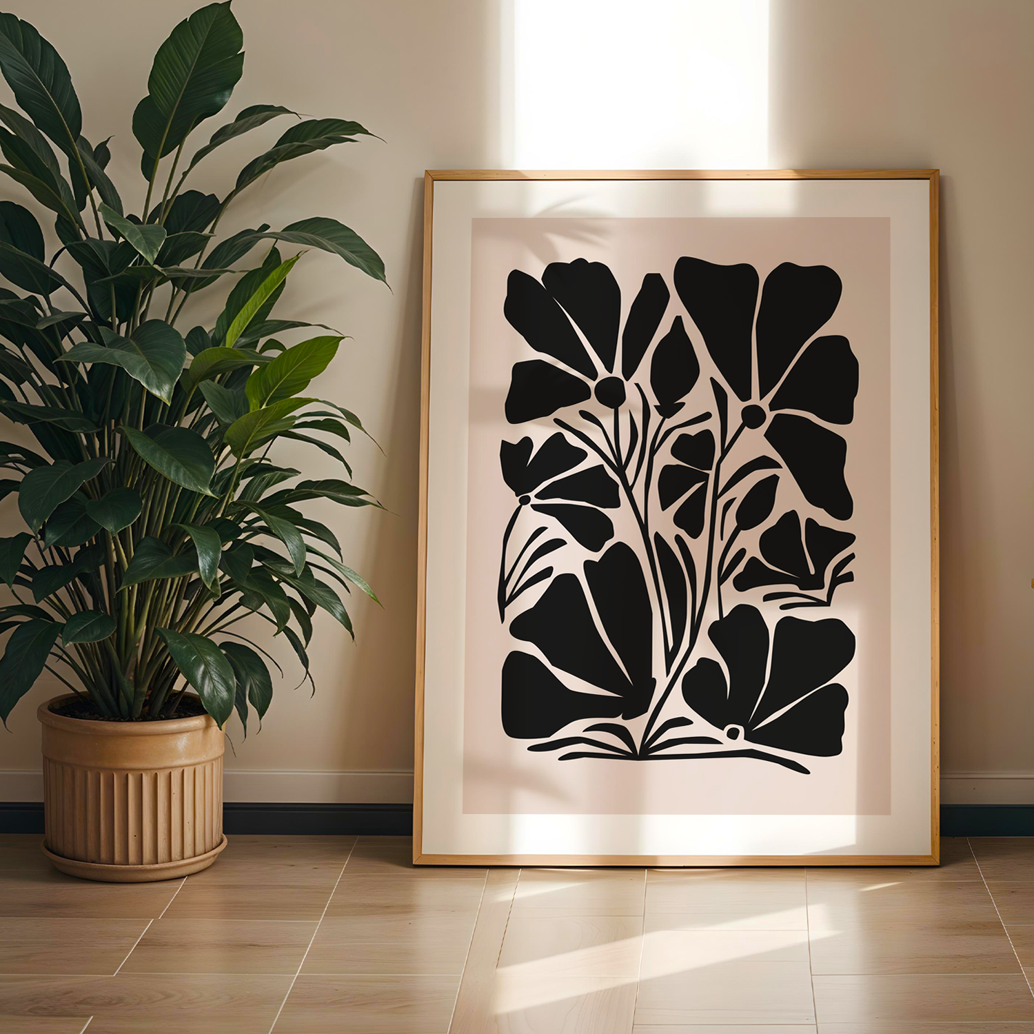 Modern Botanical Silhouette Tek Parça Doğal Ahşap Çerçeveli Tablo