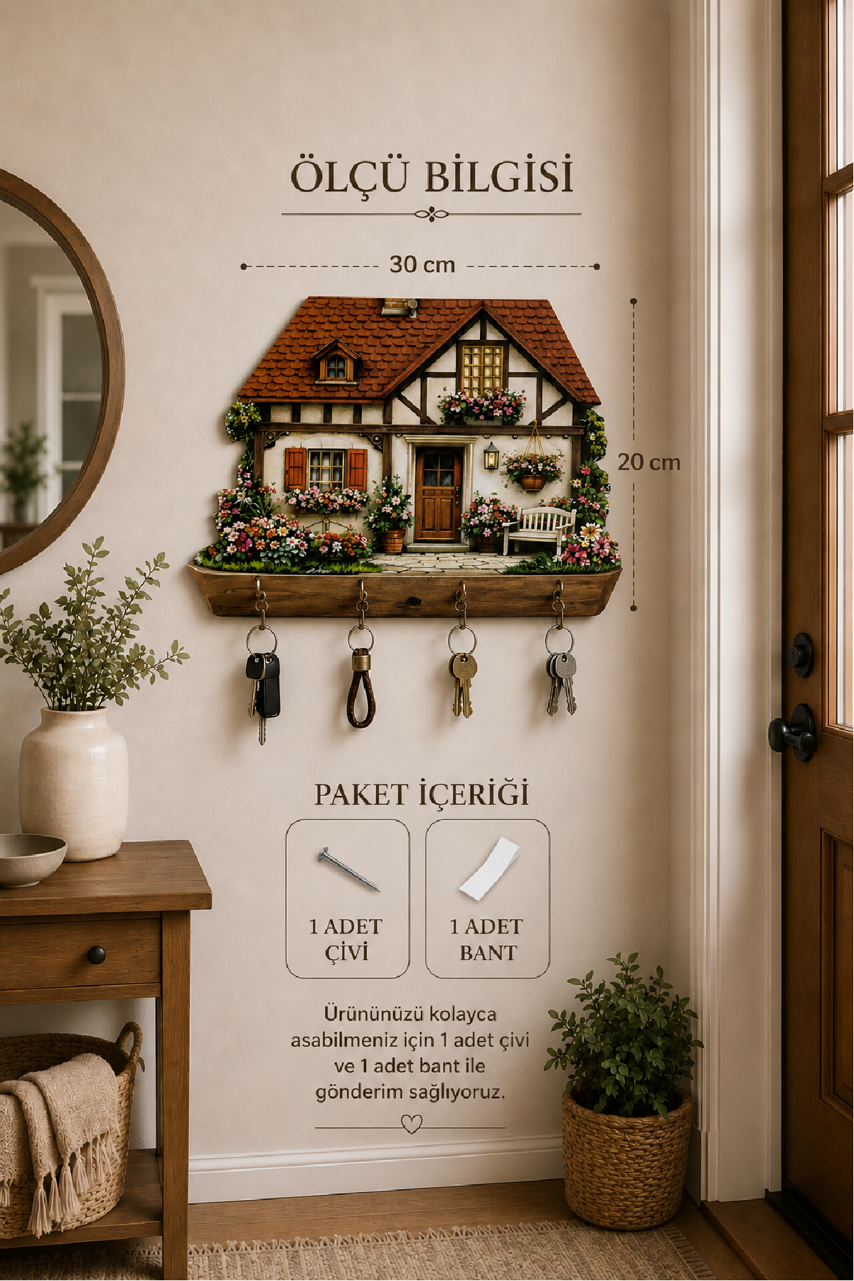 Rustik Çiçekli Köy Evi Temalı Dekoratif Duvar Askılı Anahtarlık