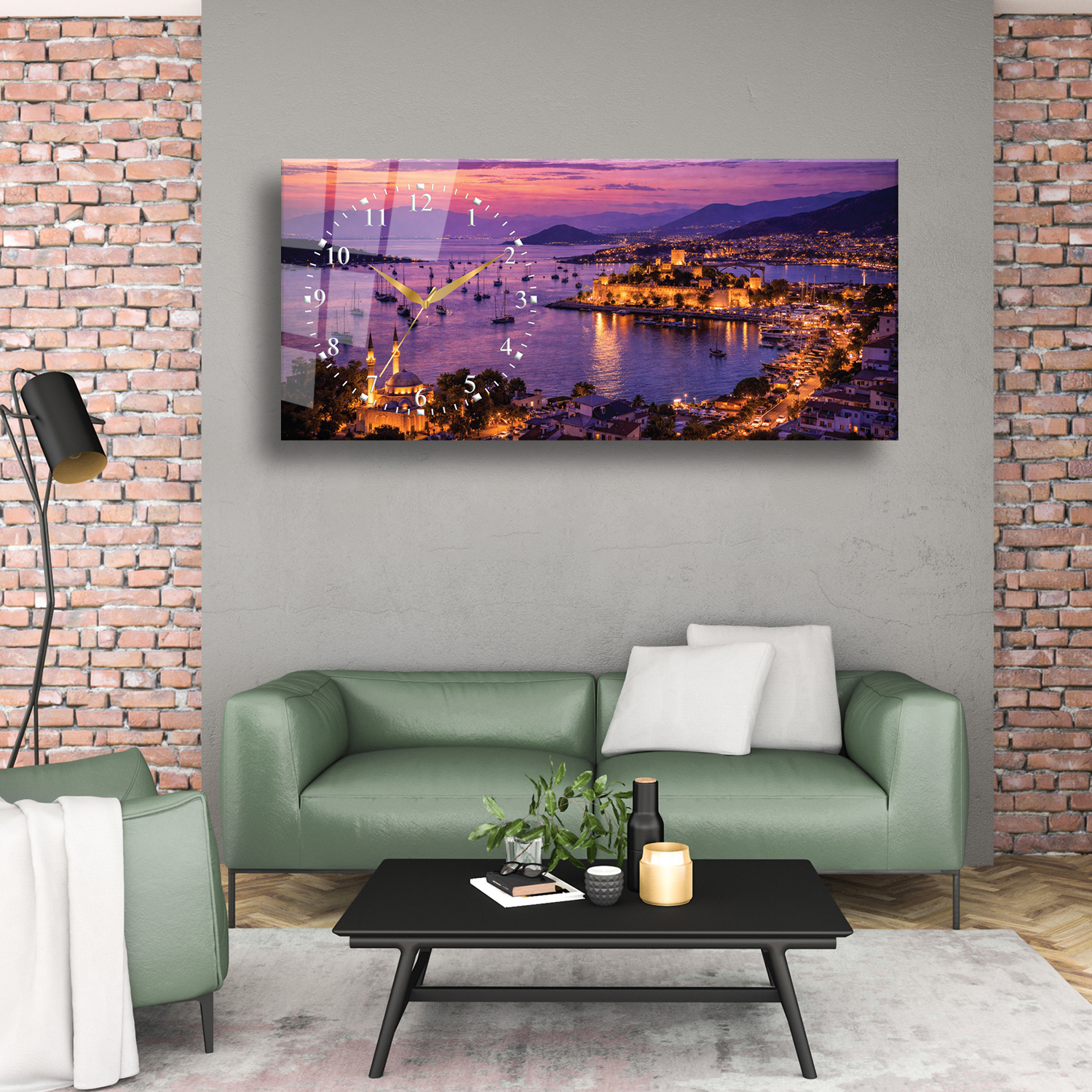 Muğla Ege Sahil Manzarası Temalı Temperli Saatli Cam Tablo