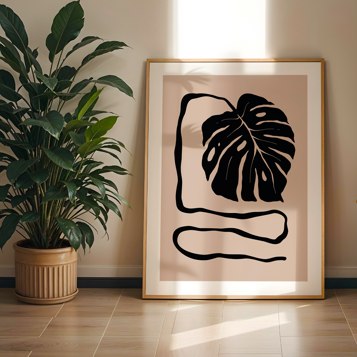 Minimal Monstera Tek Parça Doğal Ahşap Çerçeveli Tablo