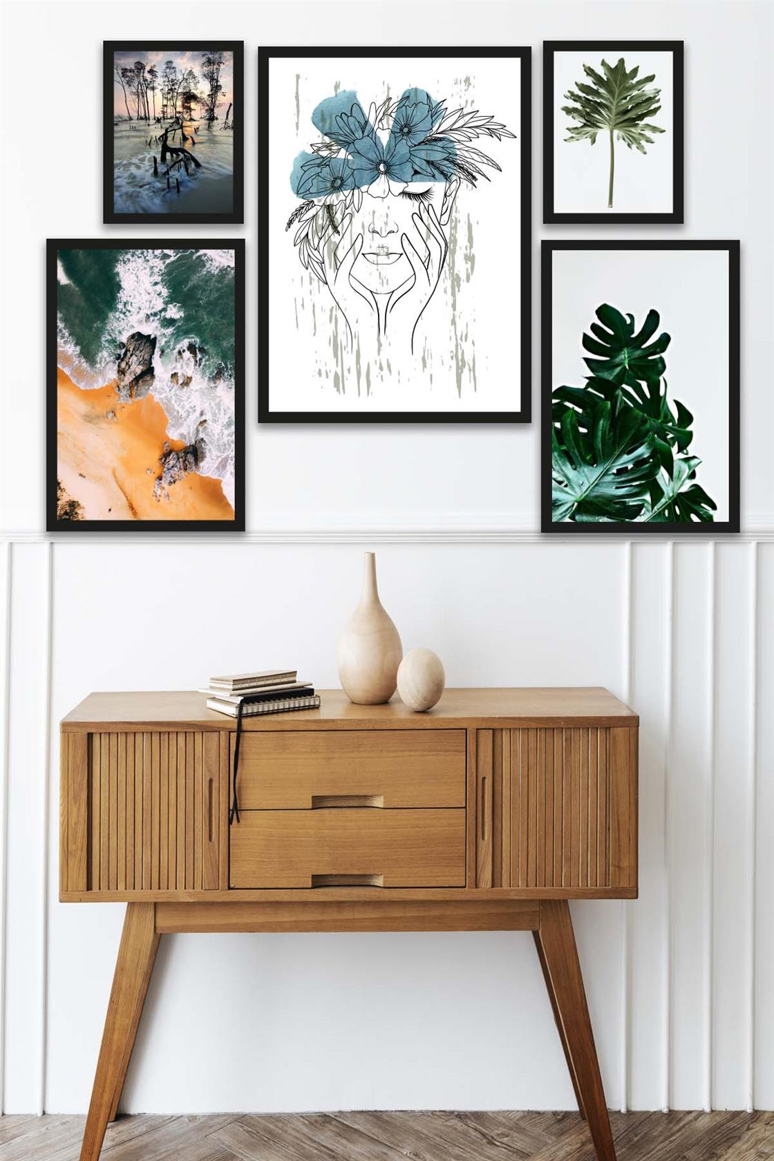 5 Parça Modern Sanat Tarzında Tasarım (Siyah çerçeve görünümlü) Uv Baskı Mdf Tablo Seti