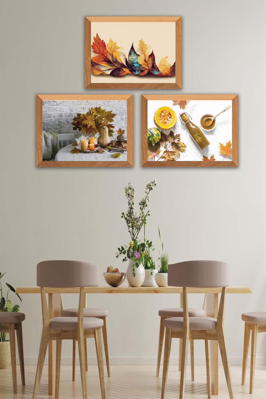 3 Parça Çınar Yapakları Sonbahar Yansıtan Ahşap Çerçeve Görünümlü Mdf Tablo Seti