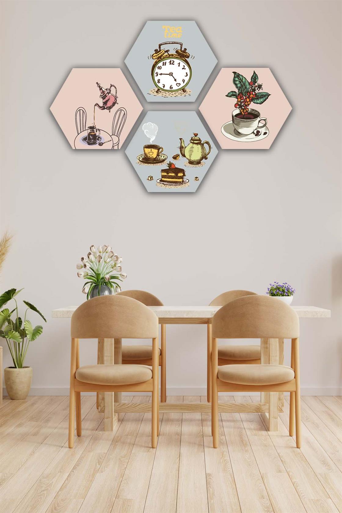 4 Parça Altıgen Petek Tasarım Mdf Tablo Seti