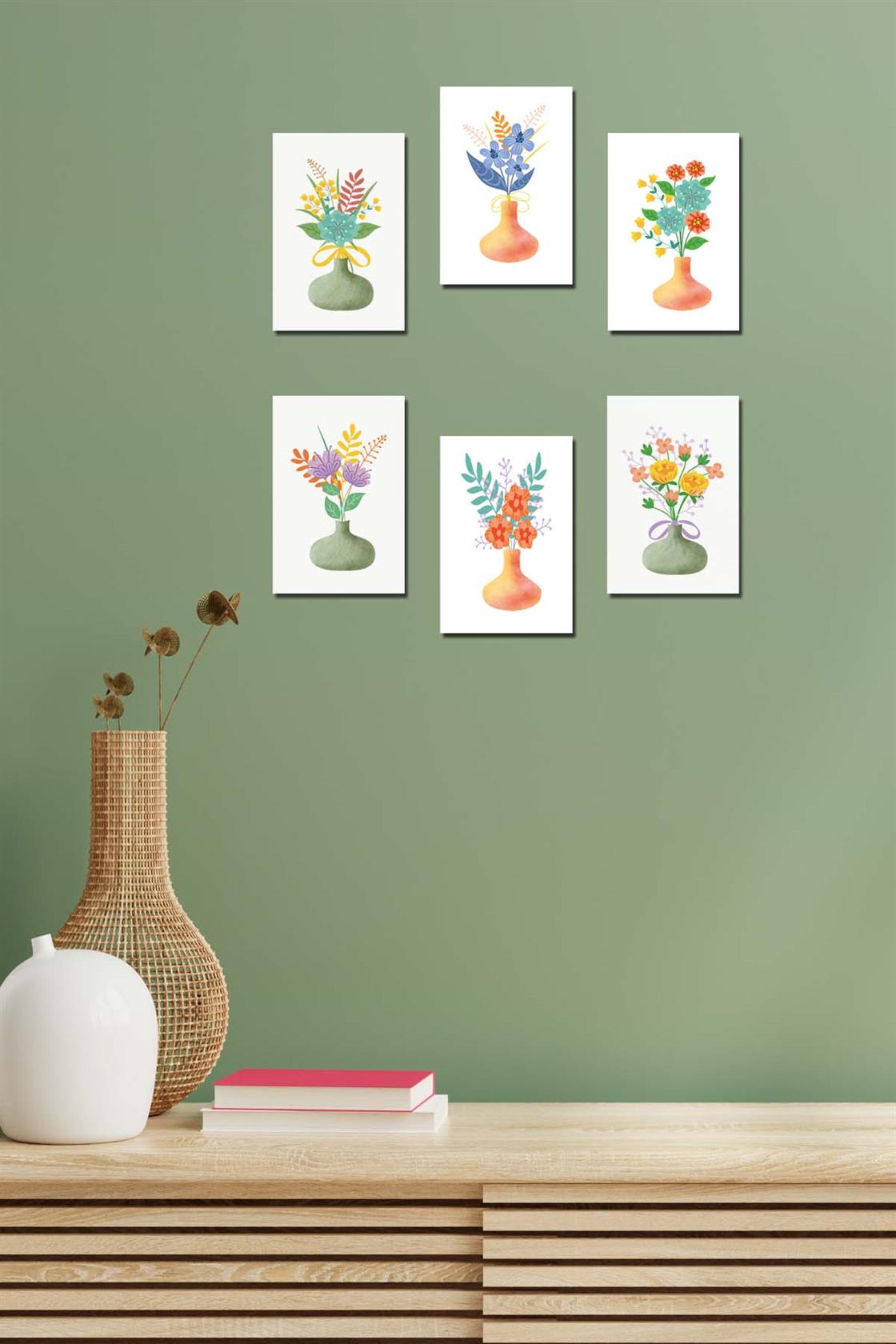 6 Parça bohem tarzı vazolu çiçek tablo seti