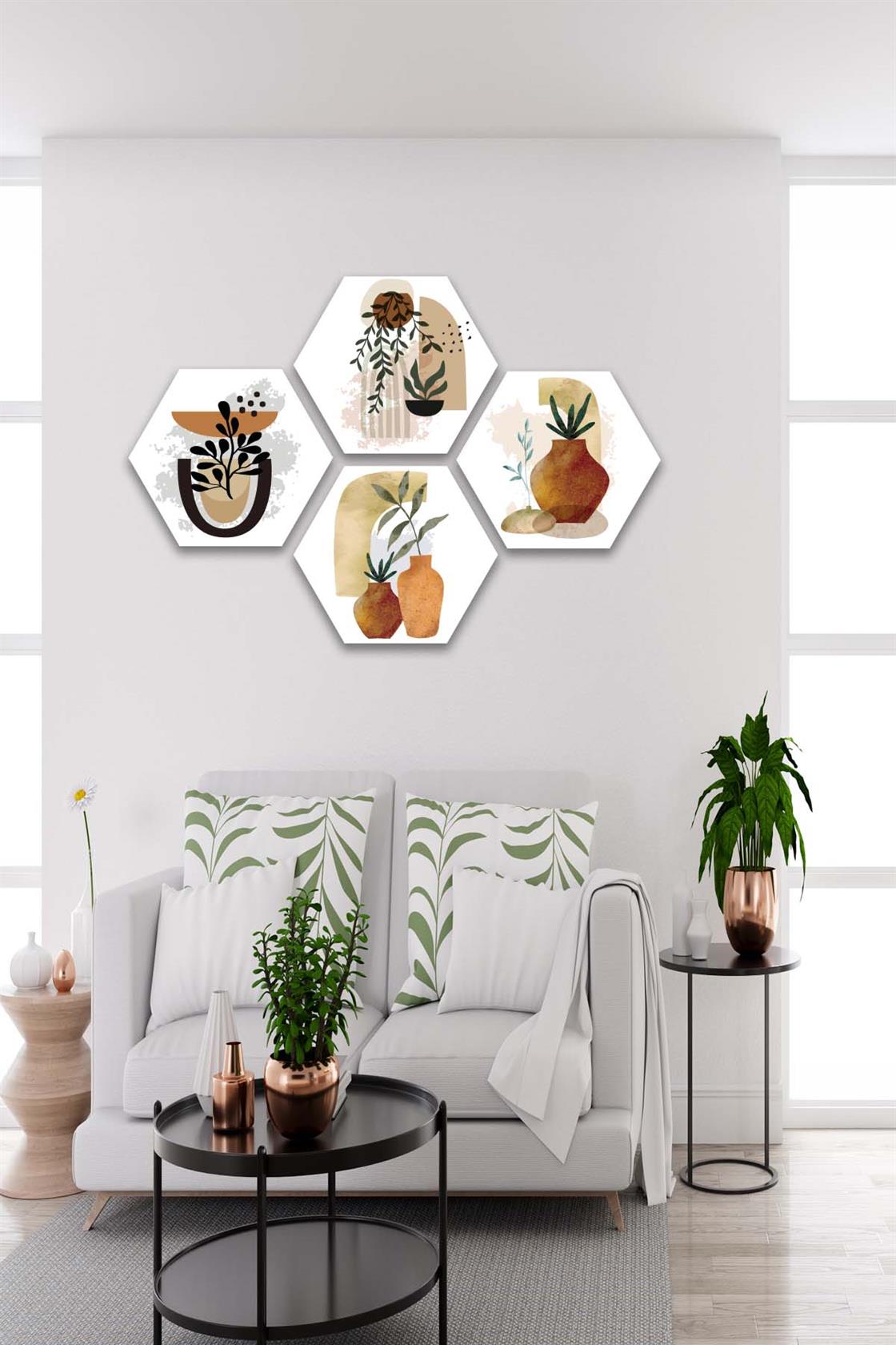 4 Parça Petek Suluboya Modern Tarzda Tasarım Uv Baskı Mdf Tablo Seti