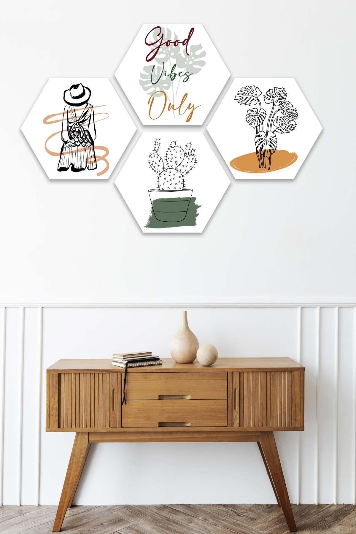 4 Parça Bohem Tarzında Petek Tasarım Tablo Seti