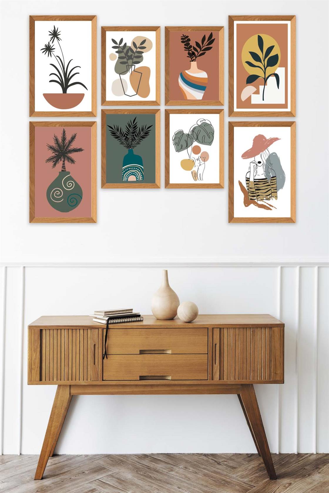 8 Parça Modern Sanatsal Bohem Tarzda (Ahşap çerçeve görünümlü) Uv Baskı Mdf Tablo Seti