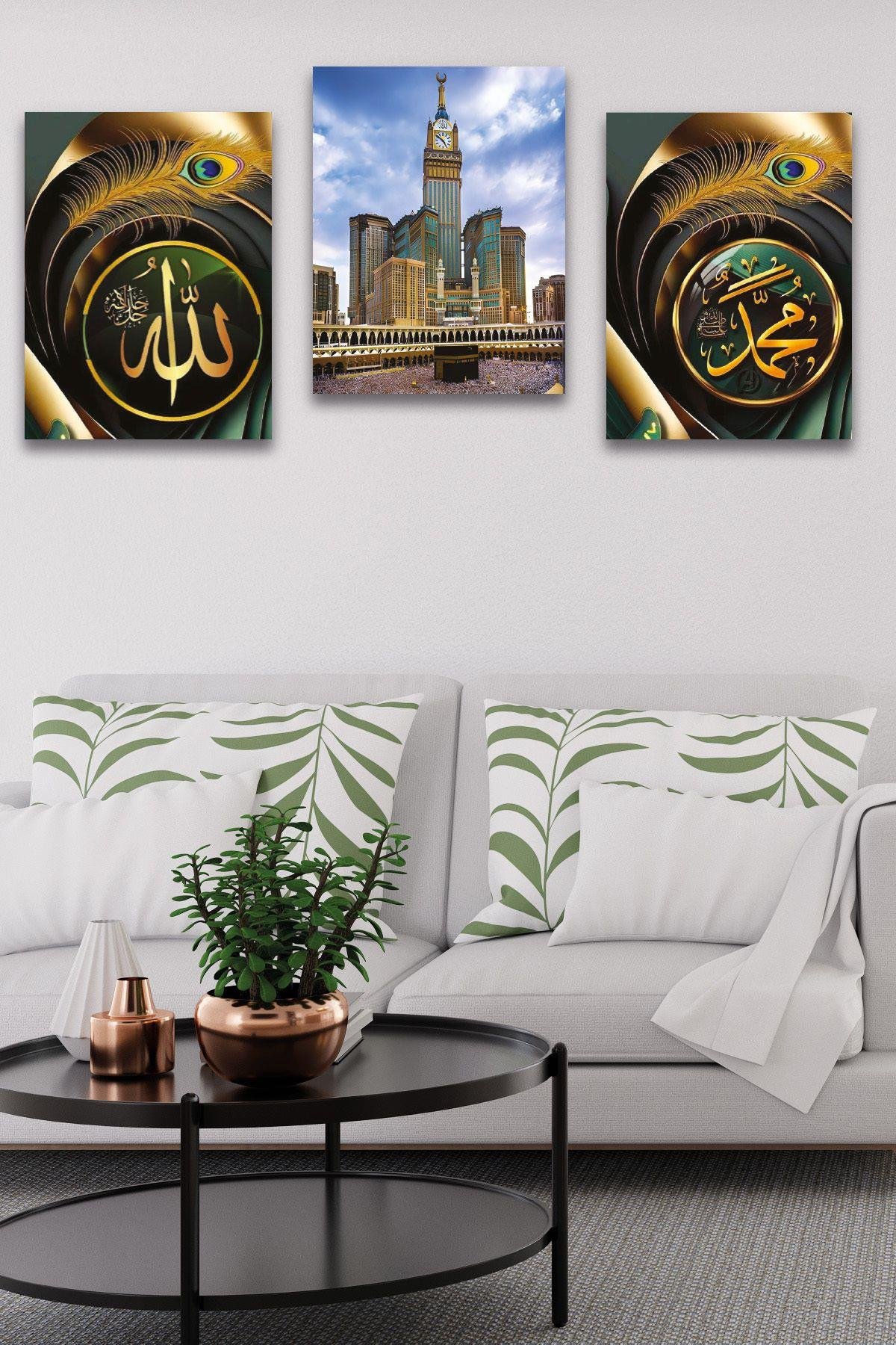 3 Parça Allah Muhammed Kabe Temalı Gold Tablo Seti