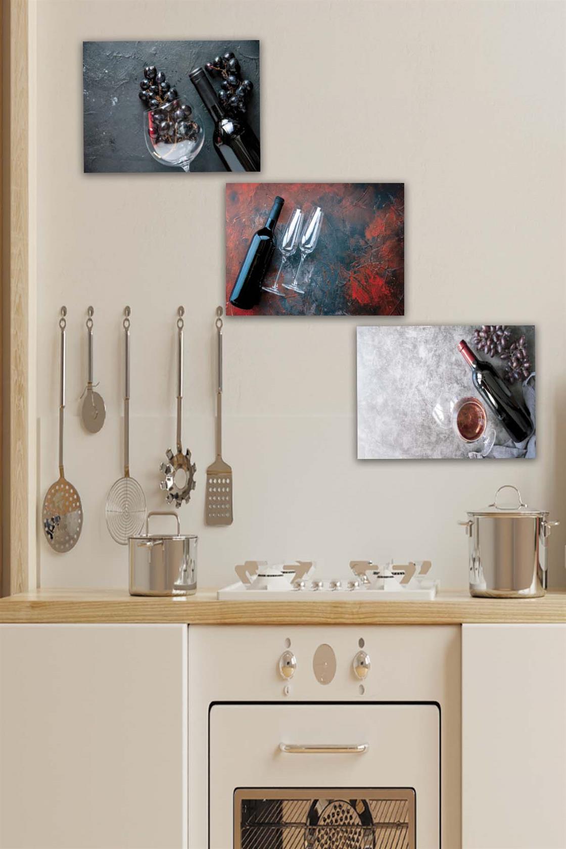 3 Parça Şarap ve Üzüm Desenli Mdf Ahşap Tablo Seti